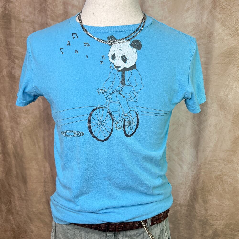 Y2K American Eagle Graphic Tee T-Shirt Blue Panda Bicycle Short Sleeve Hipster